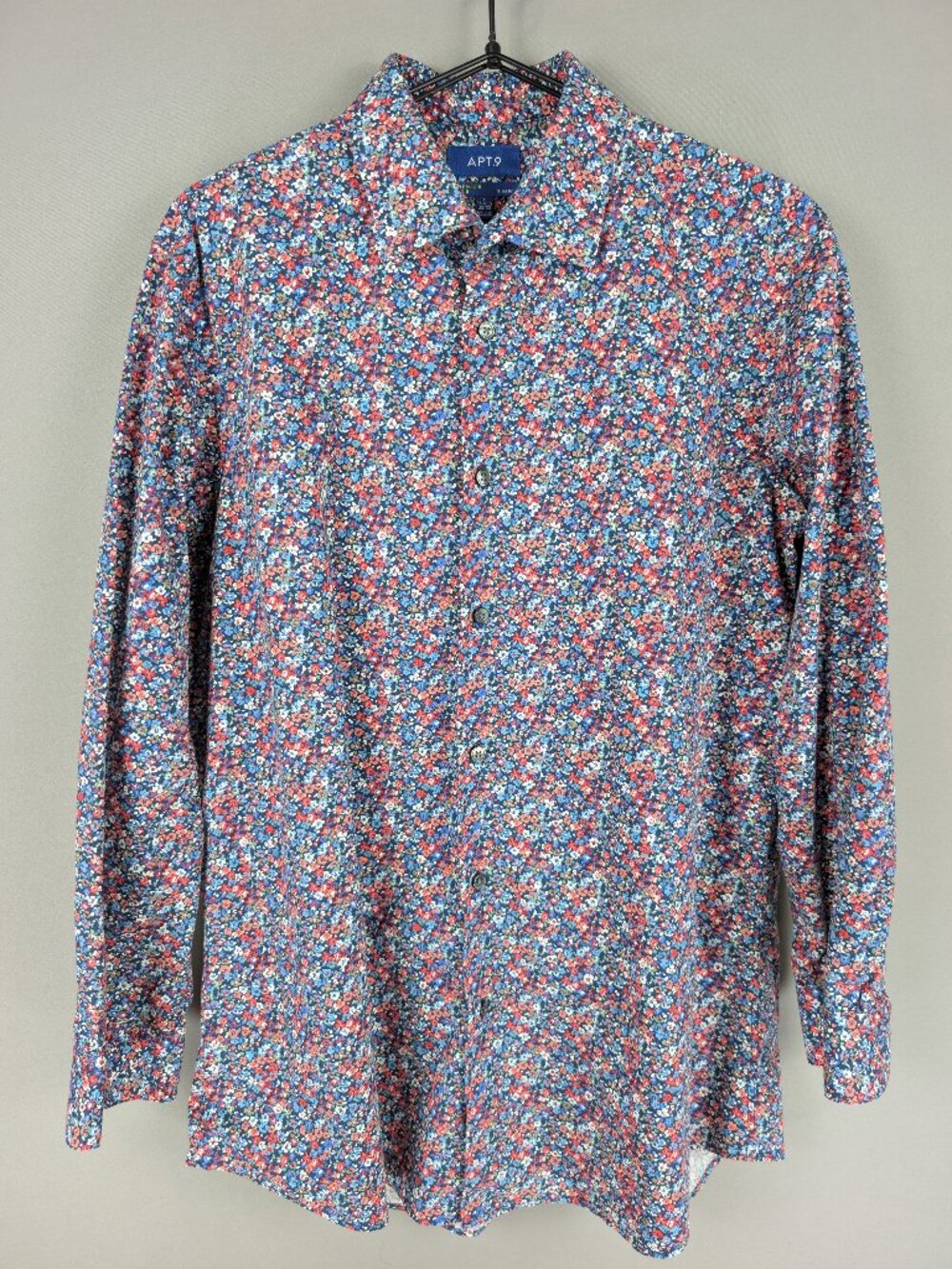 APT 9 Premier Flex‎ Slim Fit Mens L Navy Ditsy Floral L/S Button Down Shirt